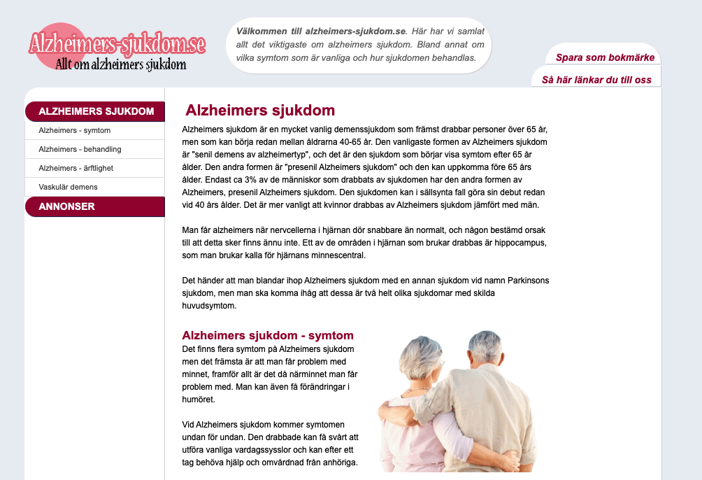 skärmbild av hemsidan lzheimers-sjukdom.se
