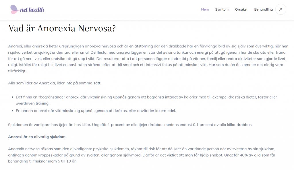 skärmbild av hemsidan anorexia.nu