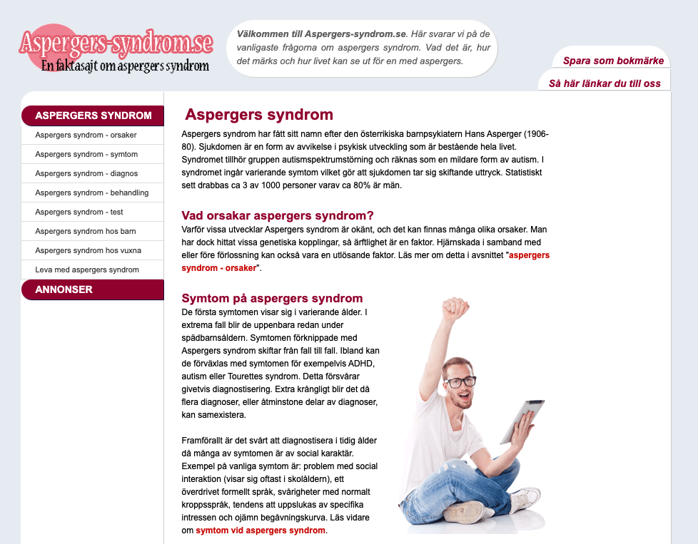 skärmbild på hemsida om aspergers syndrom.se