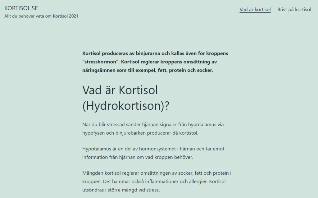 skärmbild av hemsidan kortisol.se